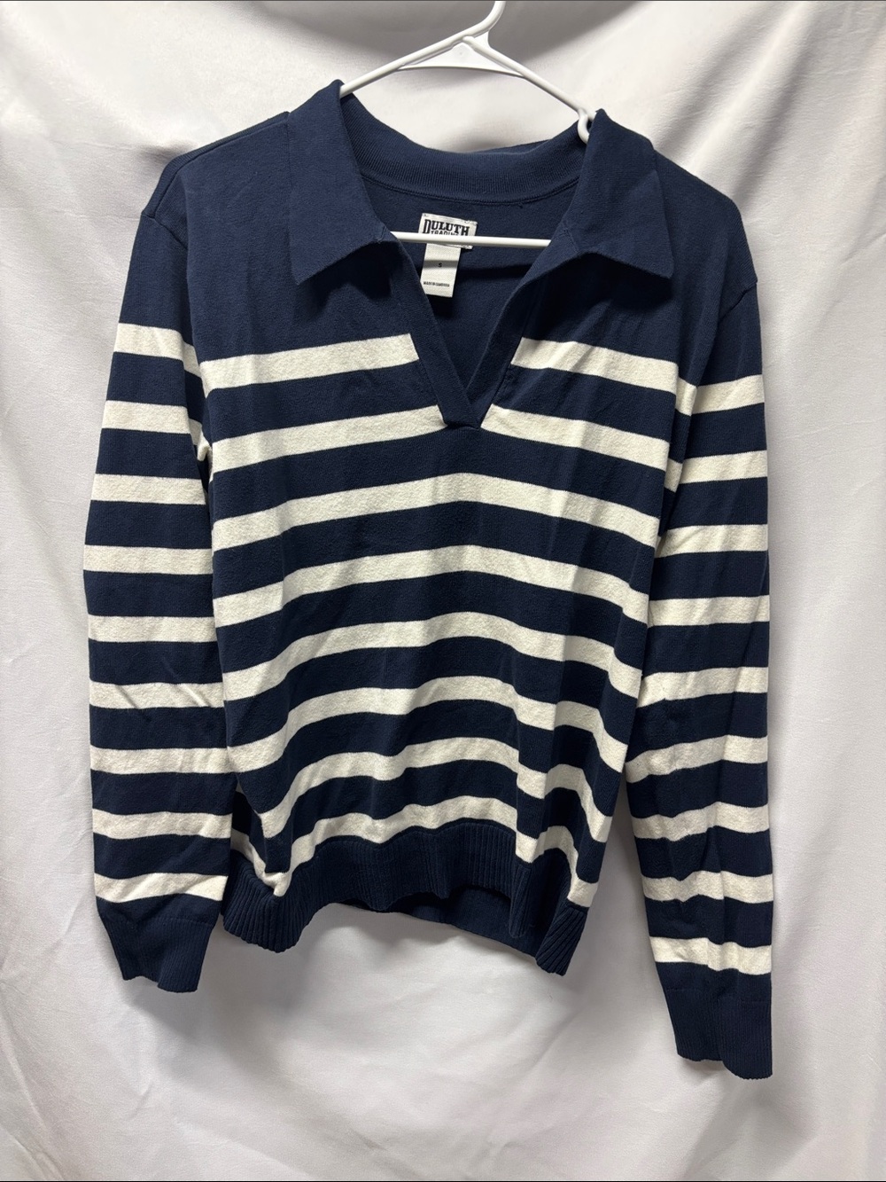 Duluth Trading Co Navy & White Striped V-Neck Polo Sweater